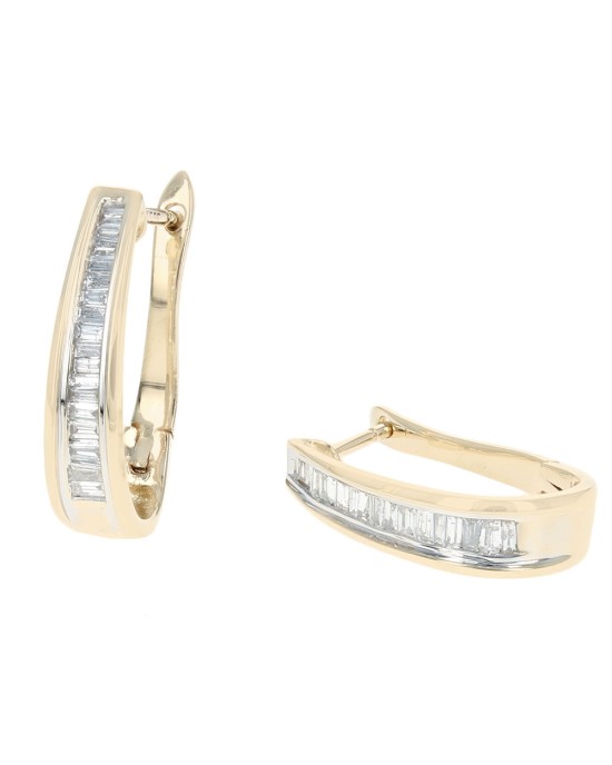 Diamond Elongated Hoop Earrings in White and Yellow Gold